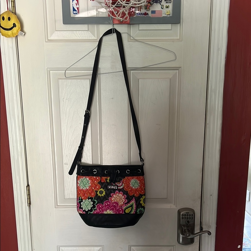 Vera Bradley Black and Red Crossbody Bag with Floral Design